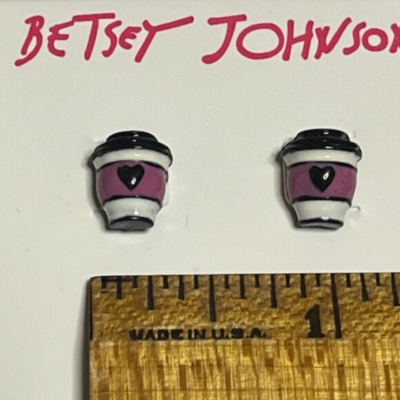 NEW Betsey Johnson Betsey Coffee Cup Stud Earrings Heart Black White Pink - Picture 5 of 7